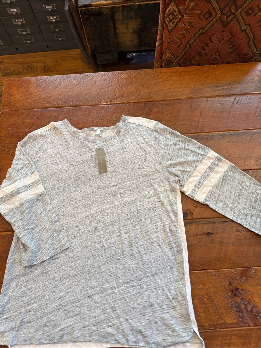 J. Crew Heather Gray Quarter Sleeve Crewneck Shirt with Stripe Detail